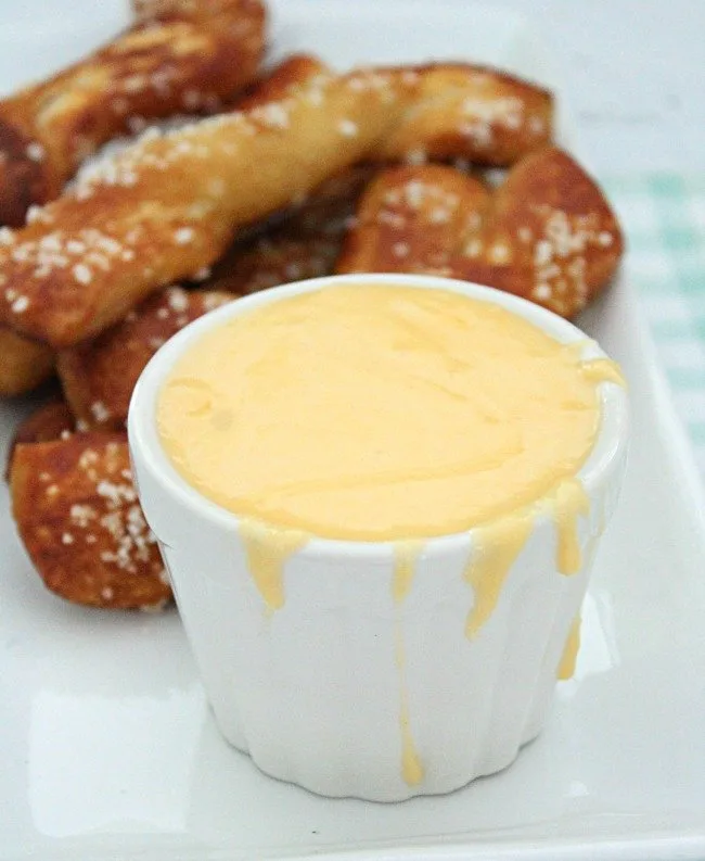 Soft Pretzel Sticks with Cheddar Swiss Fondue- Table for Seven #cheddar #swiss #cheese #dip #softpretzels