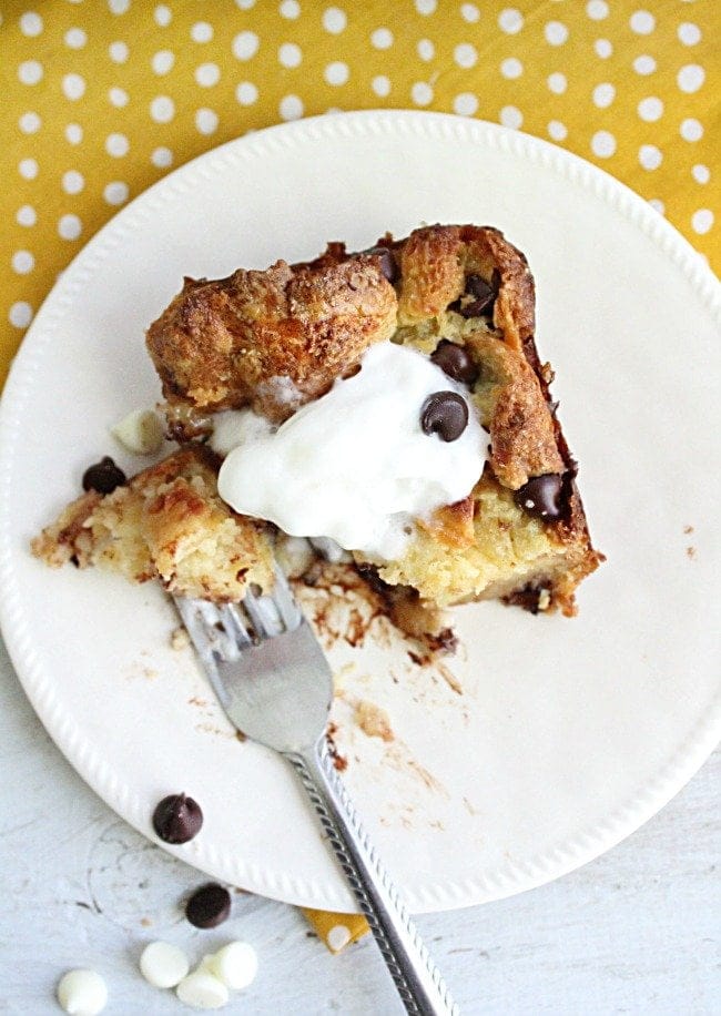 Chocolate Chip Croissant Bread Pudding #chocolatechip #breadpudding #croissants #dessert #tableforsevenblog 