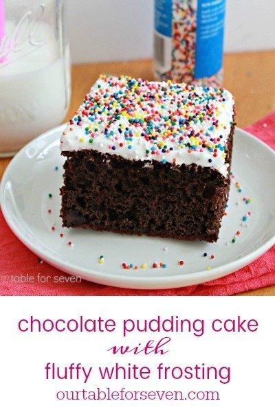 Chocolate Pudding Cake with Fluffy White Frosting #cake #chocolate #puddingcake #chocolatecake #tableforsevenblog #dessert