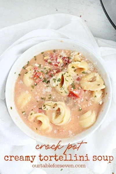 Crock Pot Creamy Tortellini Soup #crockpot #slowcooker #soup #tortellini #dinner #tableforsevenblog 