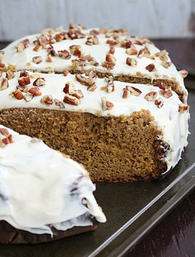 Crock Pot Pumpkin Spice Cake #crockpot #slowcooker #pumpkin #spicecake #creamcheesefrosting #cake #tableforsevenblog