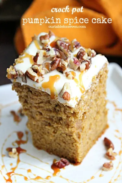 Crock Pot Pumpkin Spice Cake #crockpot #slowcooker #pumpkin #spicecake #creamcheesefrosting #cake #tableforsevenblog 