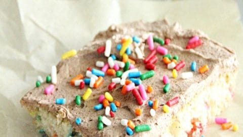 Funfetti Sheet Cake with Chocolate Buttercream Frosting- Table for Seven #tableforsevenblog #funfetti #sheetcake #dessert