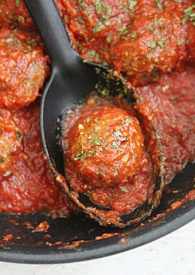 Garlic Butter Skillet Meatballs on a spoon