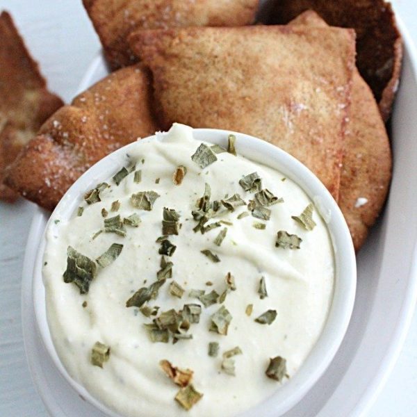 Guiltless Ranch Dip with Baked Pita Chips- Table for Seven #ranchdip #dip #ranch #pitachips #pita #baked #guiltlesssnack