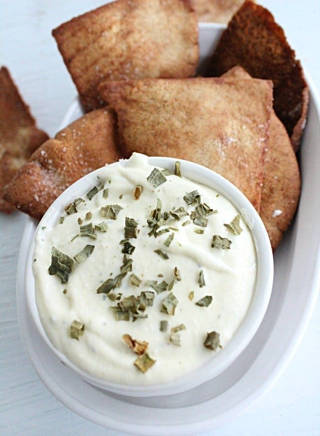 Guiltless Ranch Dip with Baked Pita Chips- Table for Seven #ranchdip #dip #ranch #pitachips #pita #baked #guiltlesssnack