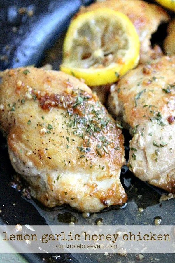 Lemon Garlic Honey Chicken #chicken #dinner #honey #lemon #garlic #recipe #skillet #chickenthighs