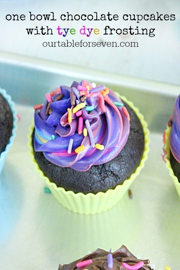 One Bowl Chocolate Cupcakes with Tye Dye Frosting- Table for Seven #cupcakes #chocolate #tyedye #frosting #dessert