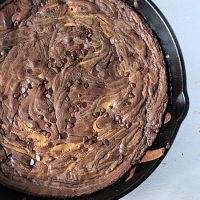 Peanut Butter Swirled Skillet Brownies- Table for Seven #tableforsevenblog #skillet #ironskillet #peanutbutter #dessert #chocolate #brownies