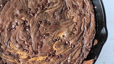 Peanut Butter Swirled Skillet Brownies- Table for Seven #tableforsevenblog #skillet #ironskillet #peanutbutter #dessert #chocolate #brownies
