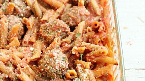 One Pan No Boil Penne and Meatballs-Table for Seven #dinner #noboilpasta #meatballs