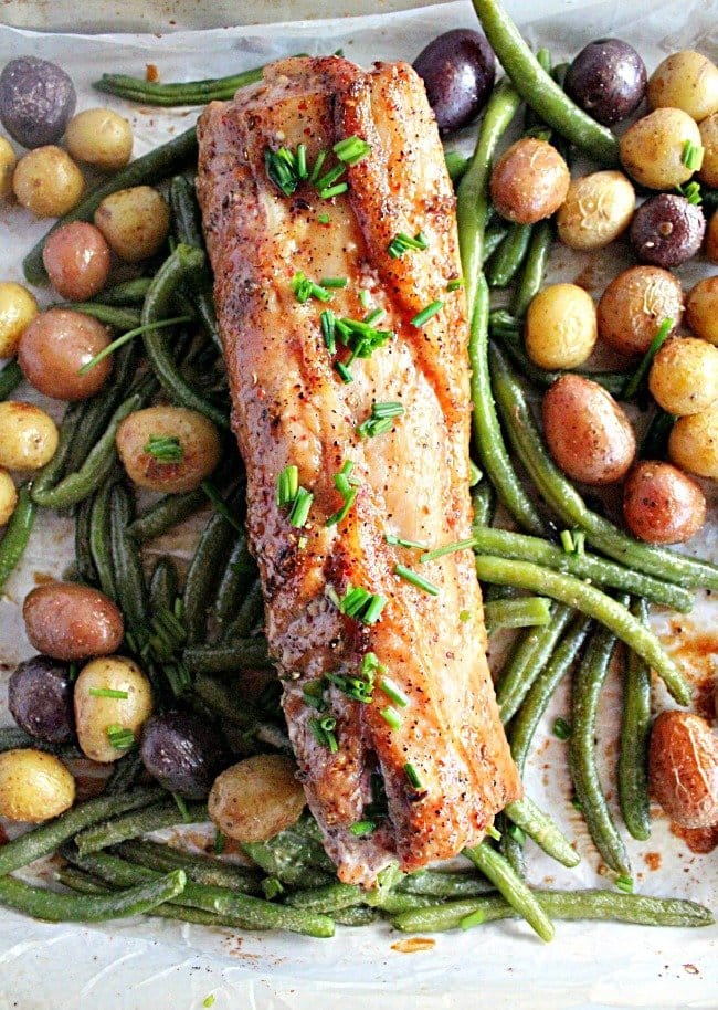 Pork Tenderloin Sheet Pan Dinner- Table for Seven #tableforsevenblog #porktenderloin #sheetpan #dinner #greenbeans #potatoes #easydinner 