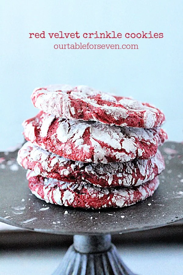 Red Velvet Crinkle Cookies- Table for Seven #tableforsevenblog #cookies #redvelvet #crinklecookies #dessert #holidaybaking