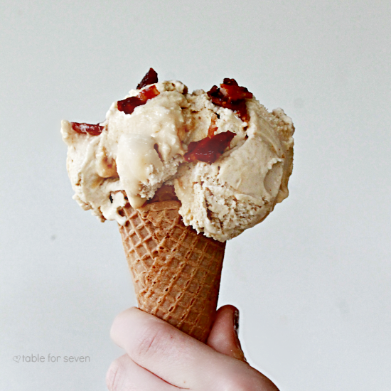Salted Caramel Maple Ice Cream with Candied Bacon Bits #bacon #mapleicecream #saltedcaramel #icecream #tableforsevenblog 