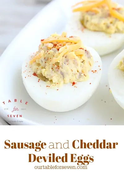 Sausage and Cheddar Deviled Eggs #deviledeggs #sausage #cheese #tableforsevenblog 