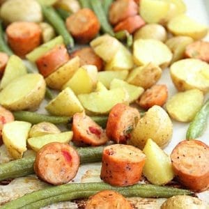 Sheet Pan Sausage Potatoes and Green Beans #sheetpan #dinner #sheetpandinner #onepan #chicken #sausage #potatoes #greenbeans #tableforsevenblog