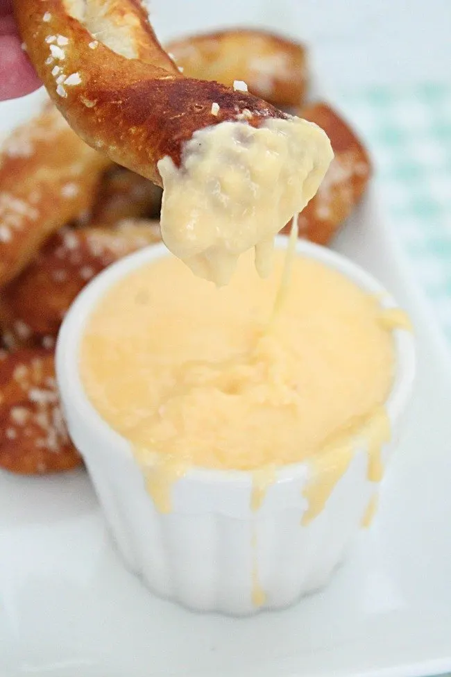 Soft Pretzel Sticks with Cheddar Swiss Fondue- Table for Seven #cheddar #swiss #cheese #dip #softpretzels