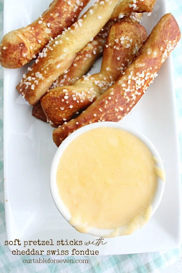 Soft Pretzel Sticks with Cheddar Swiss Fondue- Table for Seven #cheddar #swiss #cheese #dip #softpretzels