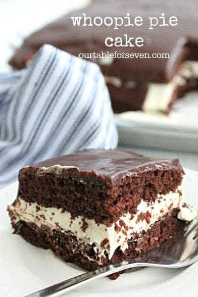 Whoopie Pie Cake #cake #whoopiepies #chocolate #cakemix #tableforsevevnblog #dessert 